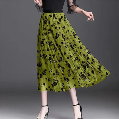 Mid-length All-match High-waist Slimming Flocking Floral Mesh Long Gauze Skirts