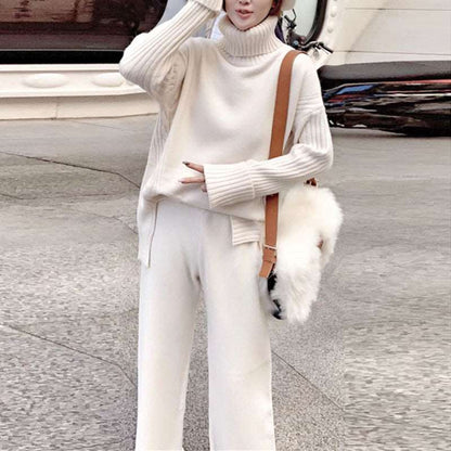 Autumn Winter 2-Piece Women's Knitted Tracksuit - New Turtleneck Sweater and Wide Leg Jogging Pant Pullover Set