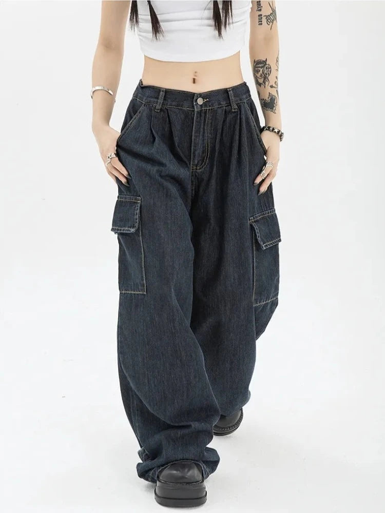 Autumn Women Harajuku Cargo Baggy Blue Jeans | Streetwear Hip Hop Oversize Casual Wide Leg Vintage Demin Pants