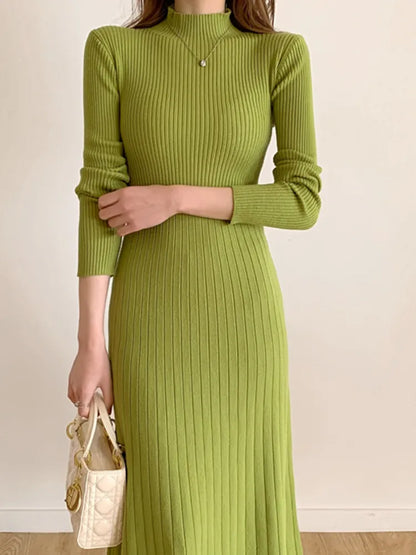 Autumn Winter Slim Long Sleeve Party Midi Dress for Women Knitted Half High Collar Elegant Knitted Sweater Dresses Ladies