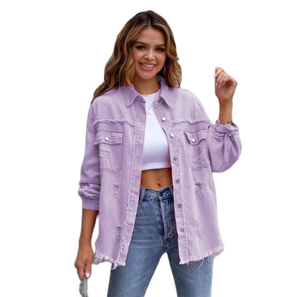 Holes Raw-edges Denim Jacket Women Spring Autumn Shirt Style Jeancoat Casual Top Rose-Red Orange Purple Outerwear Lady Coat