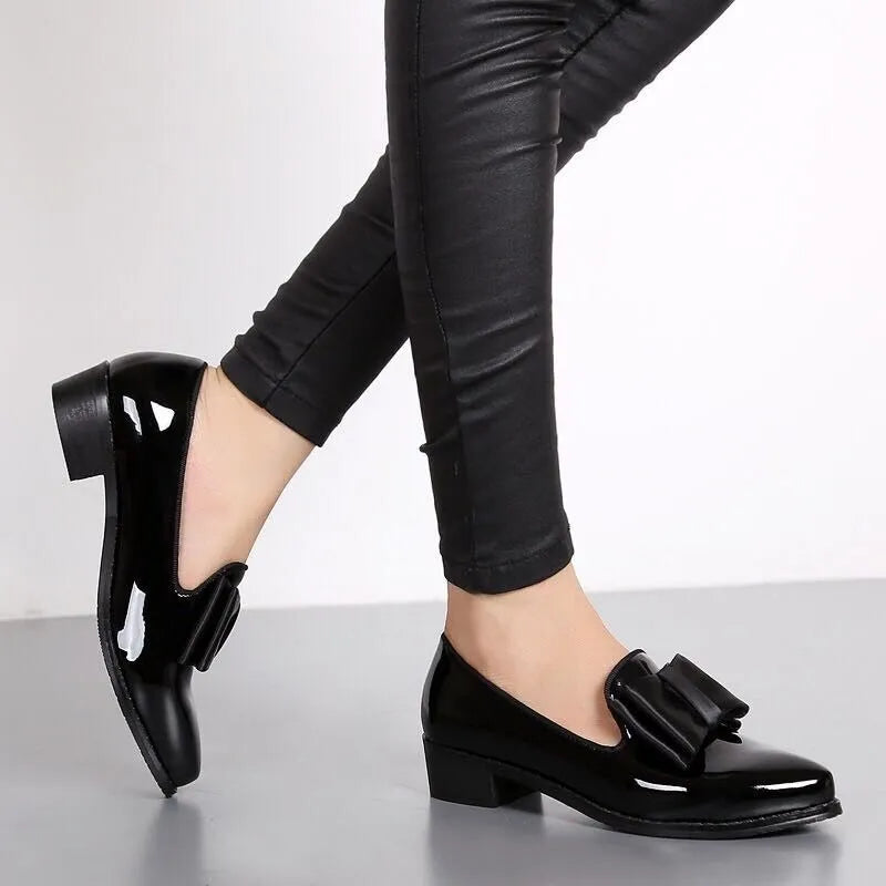 Spring Autumn Women's Patent Leather Boot Loafers Low Heel Slip-On Footwear with Female Pointed Toe and Thick Heel