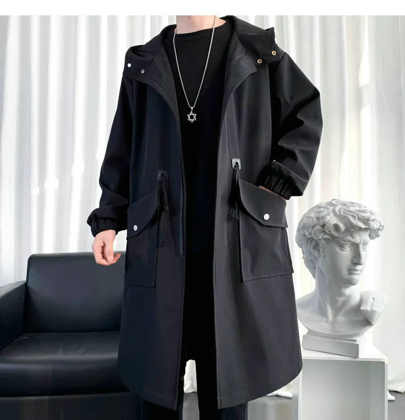 Streetwear Spring Autumn Hooded Trench Coats Men Fashion Windbreaker Long Men's Jacket