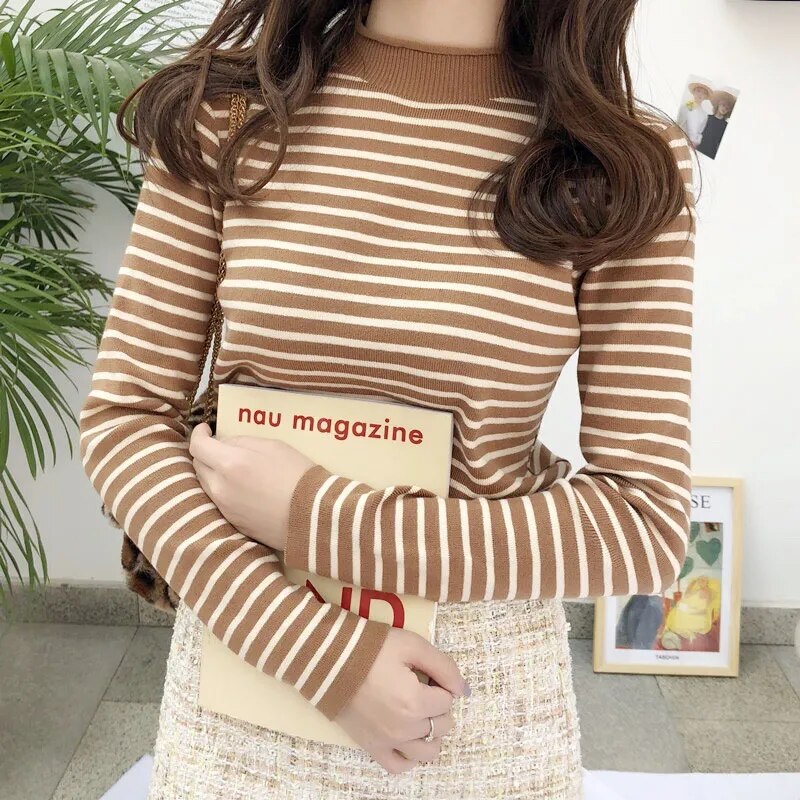 Women Striped Mock O Neck Sweaters Slim Elastic Long Sleeve Casual Pullovers Knitted Warm Tops For Women 2023 Autumn Winter