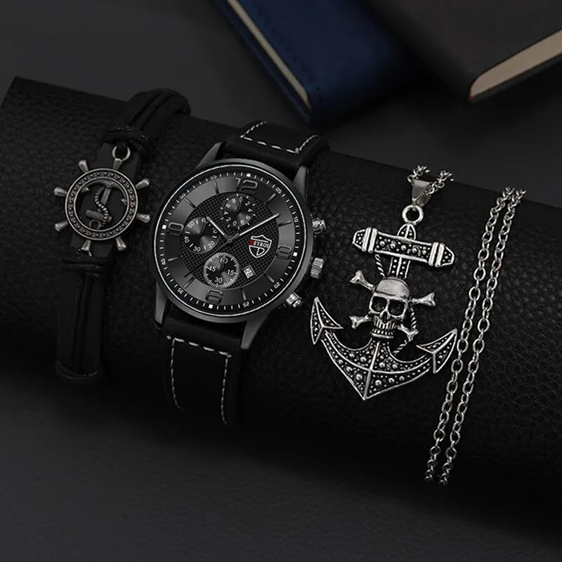 3PCS Set Fashion Mens Calendar Watches Luxury Men Business Black Stainless Steel Quartz Watch Male Necklace Bracelet Wristwatch