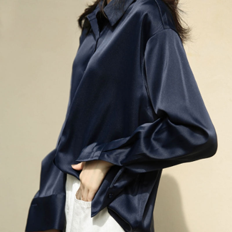 Autumn Fashion Button Up Satin Silk Shirt