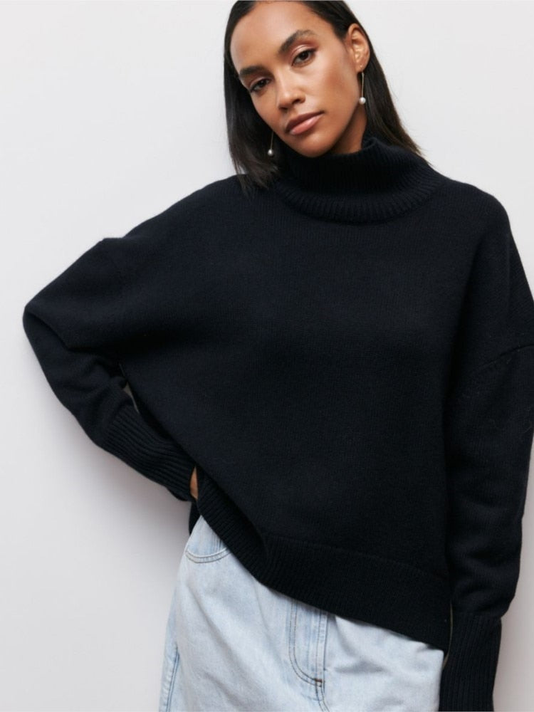 Autumn Winter Women's Turtleneck Sweater Solid, Elegant, Thick, Warm, Long Sleeve Knitted Pullovers