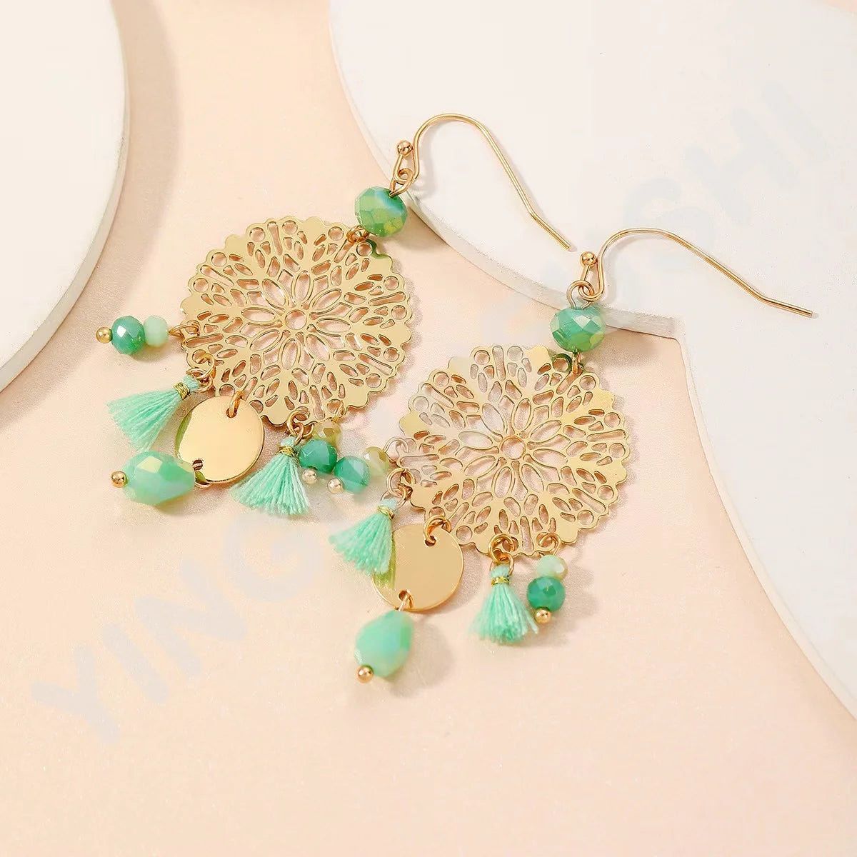 Beaded Round Drop Earrings for Women Crystal Mixed Round Circle Earrings Hollow Cutout Dangle Earrings