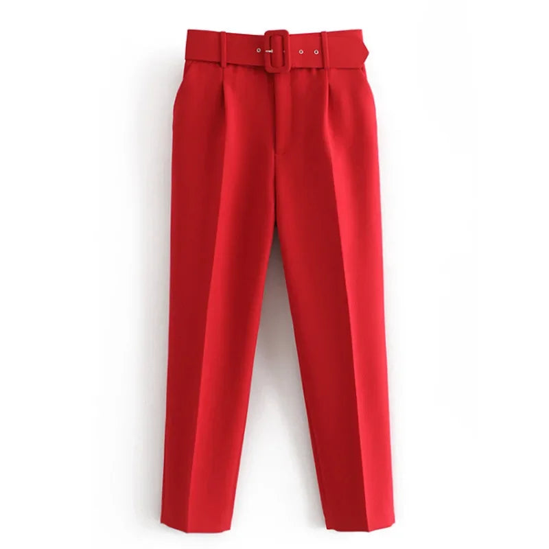 2005 New Spring Fall Solid Color High-waisted Straight Career Commuter  Pants Women's, Multi-color Casual Female Pants with Belt