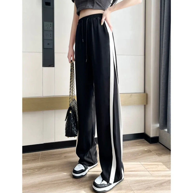 Stripe Patchwork Streetwear Sweatpants Spring Autumn Women's Casual Straight Wide Leg Trousers Loose Harajuku Pants