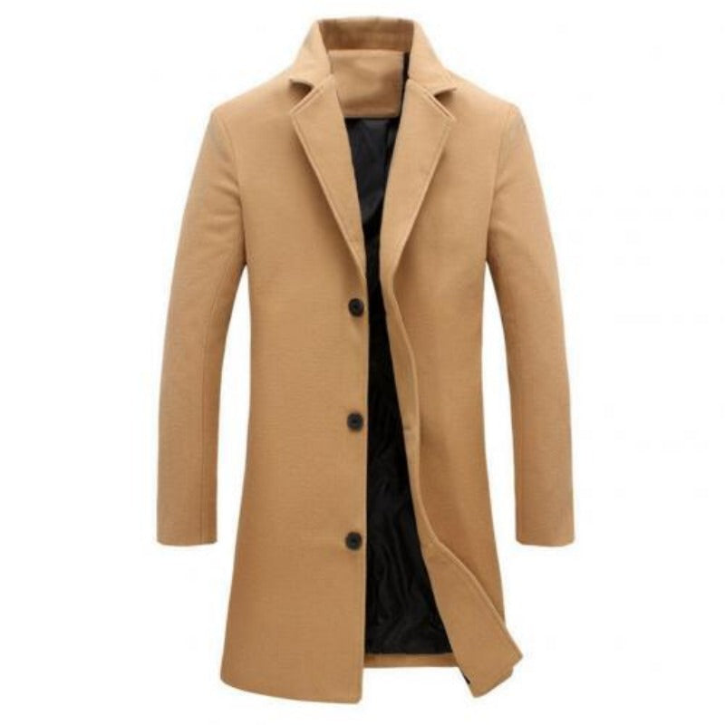 Autumn Winter Men's Fashion Solid Color Single-Breasted Lapel Long Woollen Coat Jacket