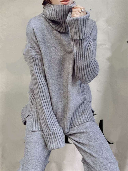 Autumn Winter 2-Piece Women's Knitted Tracksuit - New Turtleneck Sweater and Wide Leg Jogging Pant Pullover Set