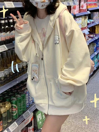 Harajuku Kawaii Pink Zip-Up Hoodie Women Cute Cartoon Beige Oversize Hooded Sweatshirts Korean Fleece Girly Blue Top Sweet