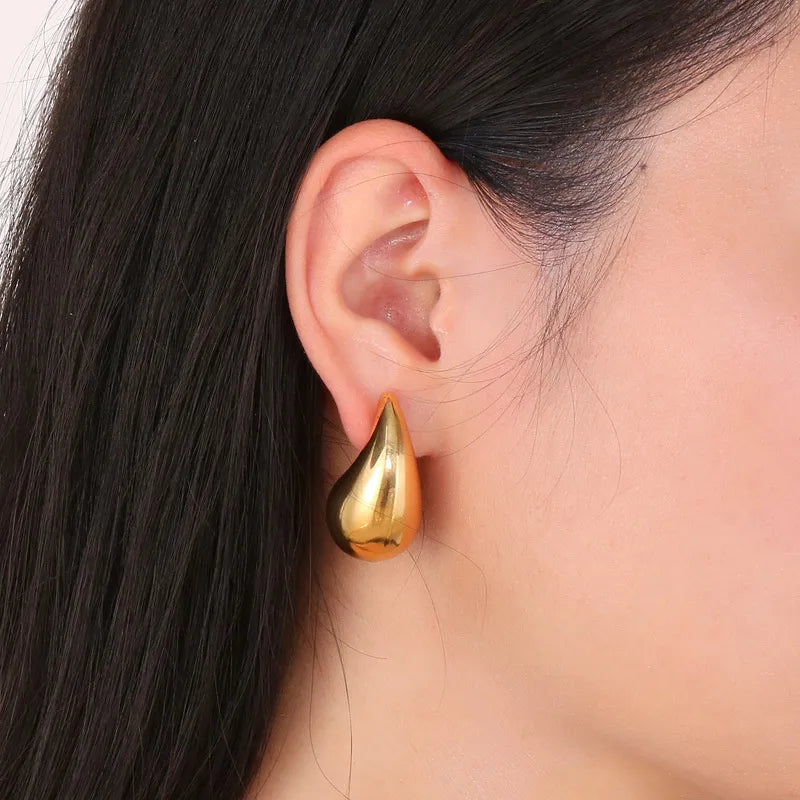 Vintage Gold-Plated Chunky Dome Drop Earrings: Glossy Stainless Steel Thick Teardrop Earrings, Elegant Jewelry for Women