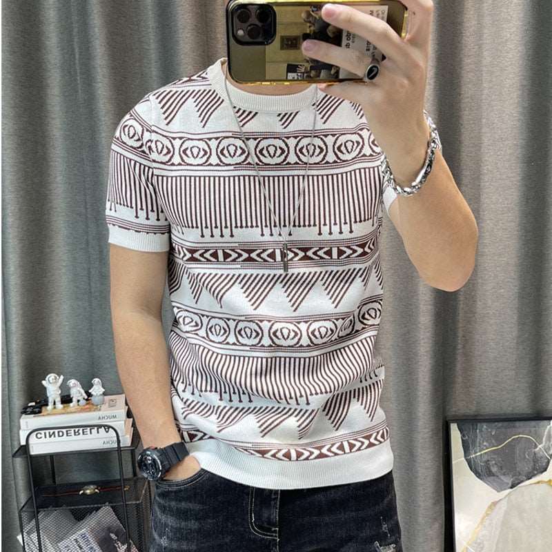 3 Color Short Sleeve Knitting T-Shirt Men Slim Streetwear Color Contrast T Shirt Men