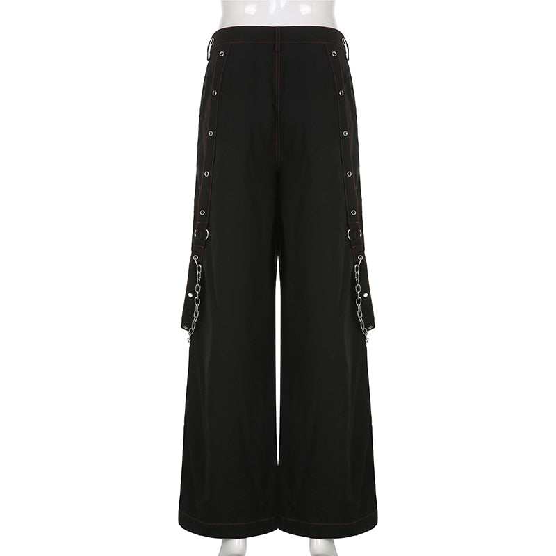 Gothic Chain Bandage Wide Leg Pants Women Oversize Low Rise Dark Academic Trousers Streetwear 90s Baggy Pant Punk Style