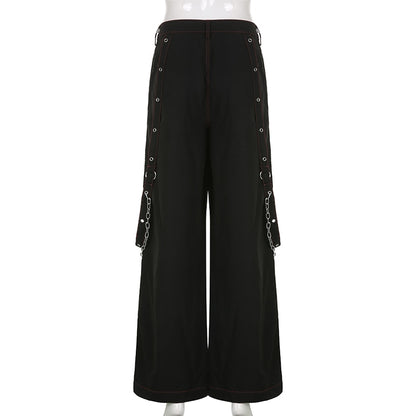 Gothic Chain Bandage Wide Leg Pants Women Oversize Low Rise Dark Academic Trousers Streetwear 90s Baggy Pant Punk Style