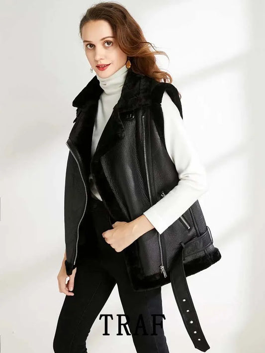 TRAF 2023 Woman Winter Vest Coat, Cotton Imitation Leather Vests, Sleeveless Jacket, Windproof Casual Warm Trench Coats, Winter Fashion, Women's Outerwear