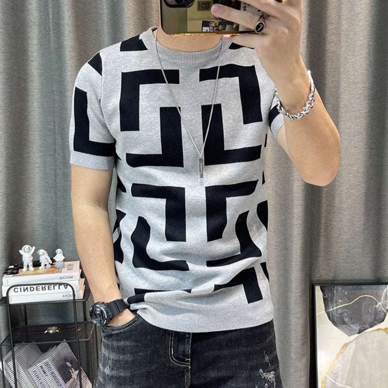 3 Color Short Sleeve Knitting T-Shirt Men Slim Streetwear Color Contrast T Shirt Men