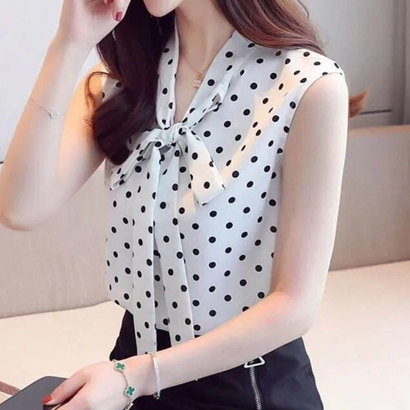 Summer Korean Elegant Stand Collar Vintage Plaid Printed Bow Lacing Chiffon Shirt Women Loose Casual Sleeveless Blouse Lady Top