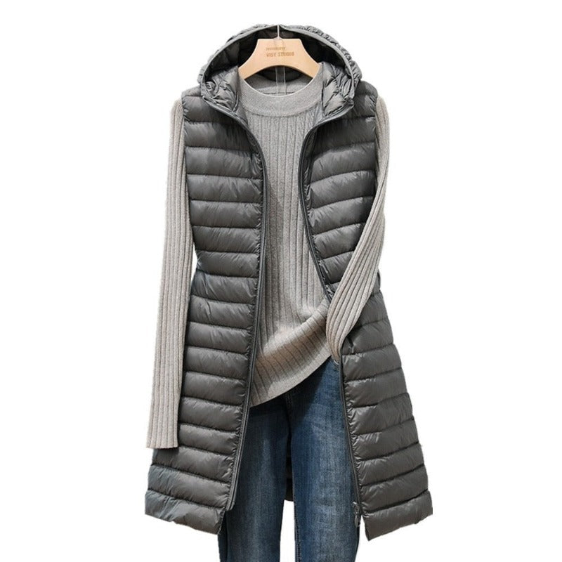 New Female Medium-Long Hooded Light Down Padded Jacket