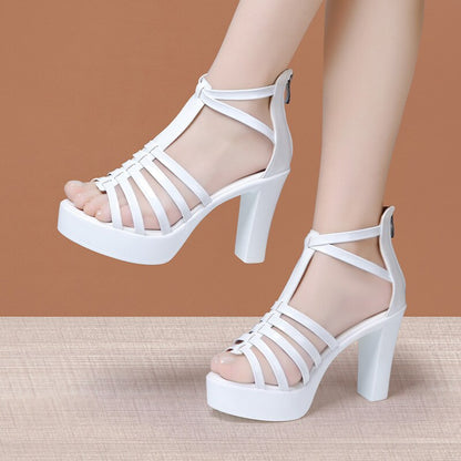 Small Size 32-43 Summer Block High Heels Gladiator Sandals Women Wedding Shoes Leather 2023 Platform Sandals Office Party Model