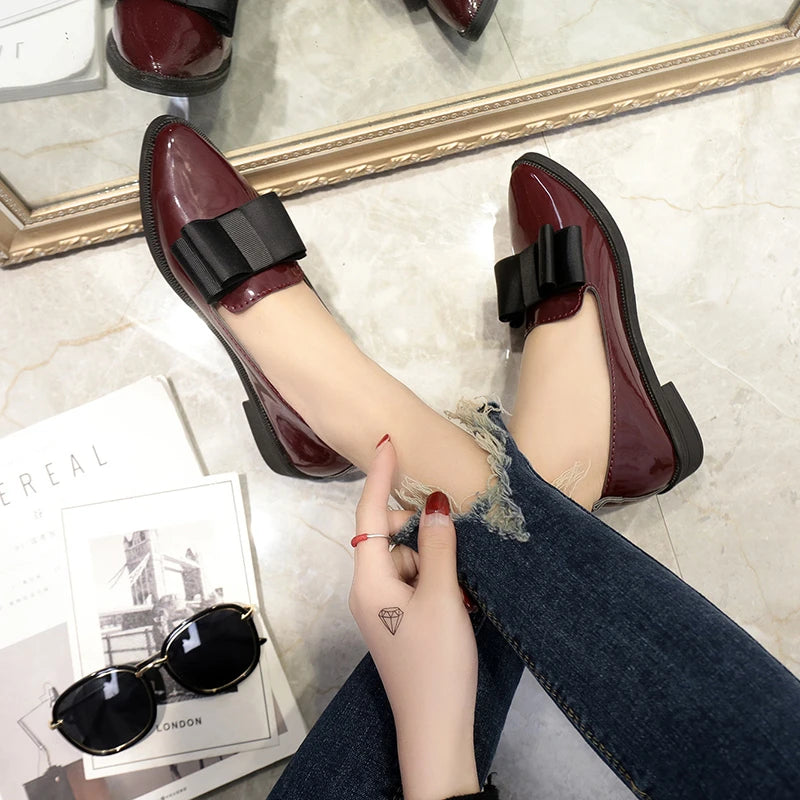 Spring Autumn Women's Patent Leather Boot Loafers Low Heel Slip-On Footwear with Female Pointed Toe and Thick Heel