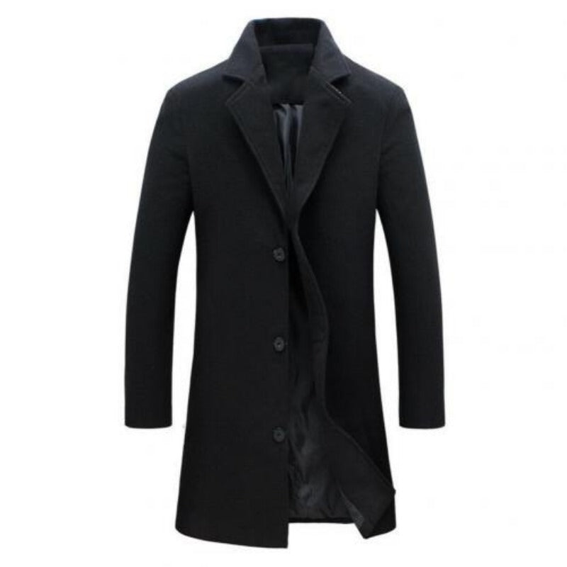 Autumn Winter Men's Fashion Solid Color Single-Breasted Lapel Long Woollen Coat Jacket