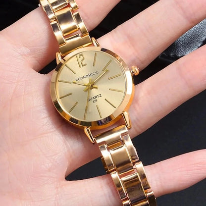 2pcs Set Watch Luxury Women Simple Dial Hollow Strap Fashion Gold Bracelet Quartz Wristwatch Student Ladies Watches Reloj Mujer