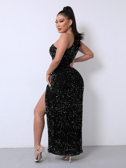 One Shoulder Wrap Split Thigh Sequin Formal Dress Important Occasion Dress