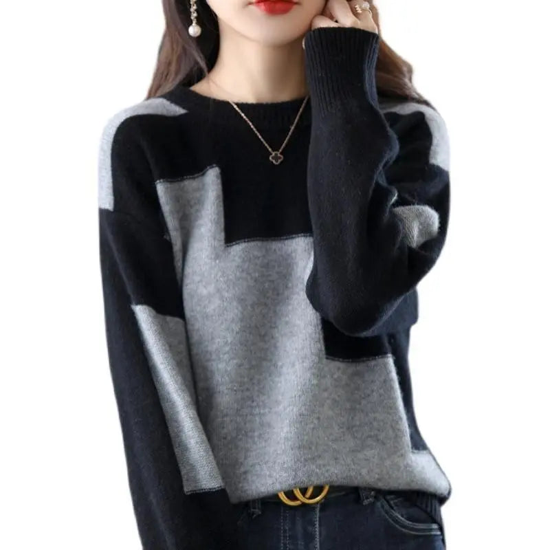 New Loose Color Blocking Striped Sweaters for Autumn Winter Classic Office Style Knitted with O-Neck Collar and Long Sleeves to Keep You Warm