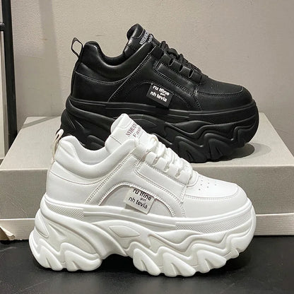 Chunky Sneakers Women's Spring & Autumn Fashion with Thick Bottom, White & Black PU Leather Platform Dad Shoes for Ladies