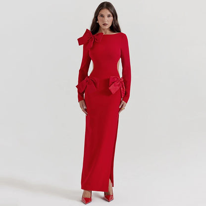 Elegant Bow fashion 2024 Backless Sexy Maxi Dress For Women Fashion Red O Neck Long Sleeve Bodycon Club Party Long Dress New