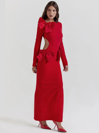 Elegant Bow fashion 2024 Backless Sexy Maxi Dress For Women Fashion Red O Neck Long Sleeve Bodycon Club Party Long Dress New