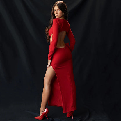 Elegant Bow fashion 2024 Backless Sexy Maxi Dress For Women Fashion Red O Neck Long Sleeve Bodycon Club Party Long Dress New