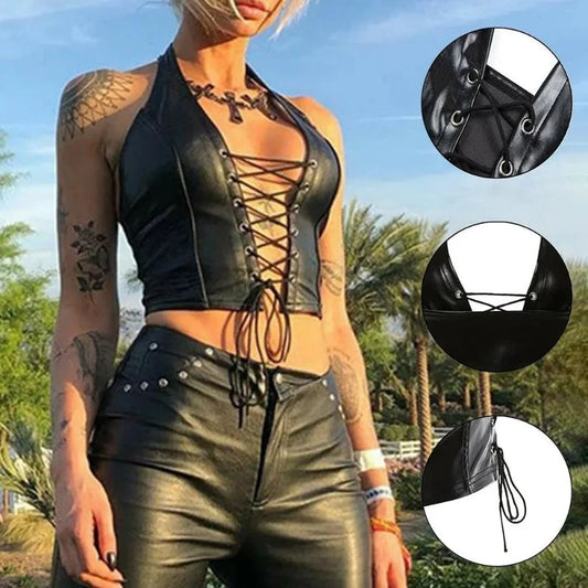 Crop Top Women Sexy Patent Bandage Vest Leather Strappy Corset Top Black Fashion Gothic Tank Top Party Club Female Clothing