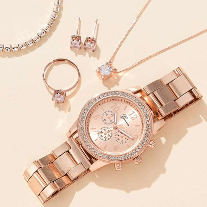 6PCS Gift Set Luxury Watch Ring Necklace Earrings for Women