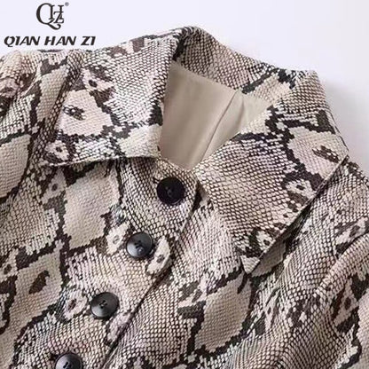 Fashion Runway Trench Python print Coat vintage Single-breasted belt slim snake skin-print shiny-leather long coat for women autumn winter