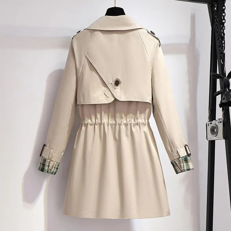 Spring and Autumn Fashion Women's Mid-length Trench Coat with Double-Breasted Design, Lining, and Drawstring Waist, Formal Jacket for Females