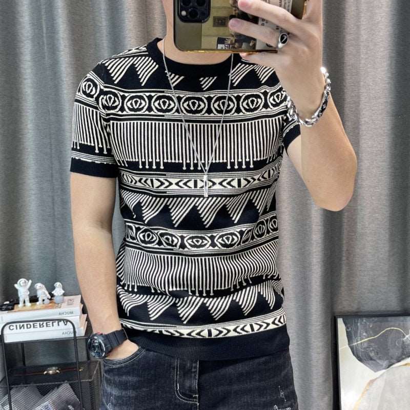 3 Color Short Sleeve Knitting T-Shirt Men Slim Streetwear Color Contrast T Shirt Men