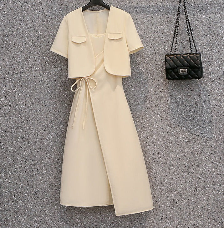 Women Dress Suit 2023 Summer New Fashion Short Coat Irregular Midi Suspender Skirt Two-piece Korean Elegant All-match Set