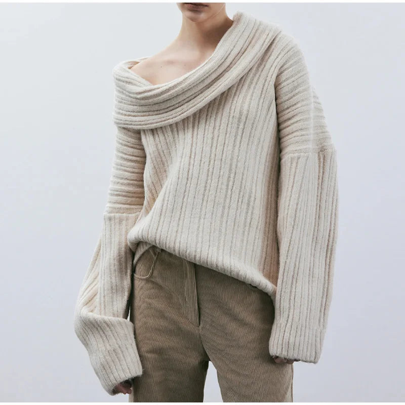 Elegant Solid Slash Neck Thick Knitted Tops Women Casual Long Sleeve Loose Warm Pullover Female Fashion High Street Sweater