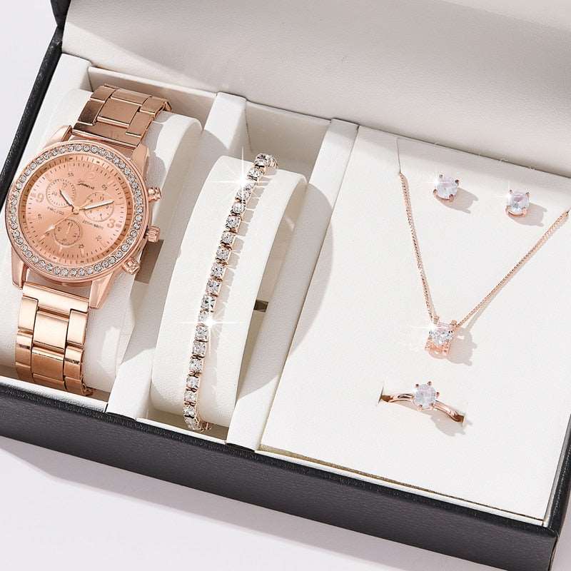 6PCS Gift Set Luxury Watch Ring Necklace Earrings for Women