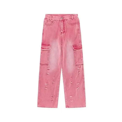 Dopamine wears American sweet and spicy style ripped pink jeans for women fashionable high-waisted loose slimming straight pants