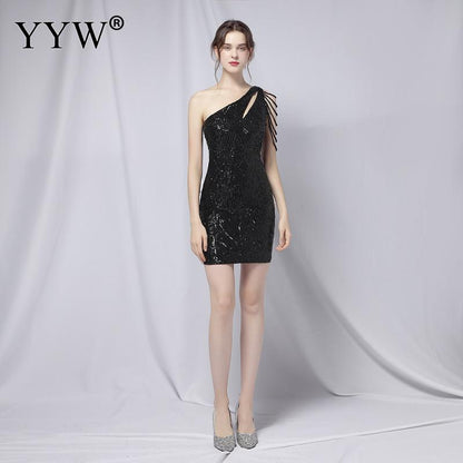 Sequined Slim Mini Prom Dress Crystal Beading Pencil Vestidos Dress Women One Shoulder Elegant Evening Party Dresses New