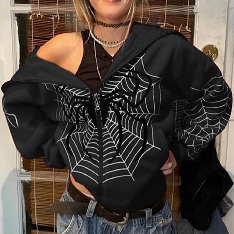 Spider Web Red Graphic Hoodies Y2K Zip Up Hoodie for Men and Women Warm Vintage Grunge Men's Clothing Harajuku Sweatshirt Tops