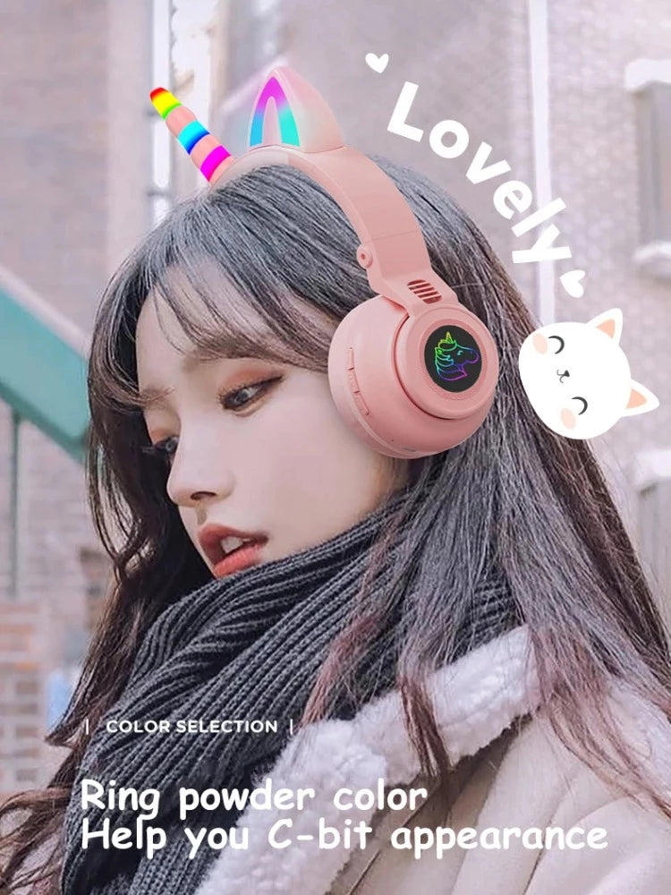 RGB Unicorn Kids Wireless Headphones With Mic,Control RGB Light Girls Music Stereo Earphone Mobile Phone Children's Headset Gift