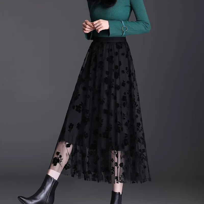 Mid-length All-match High-waist Slimming Flocking Floral Mesh Long Gauze Skirts