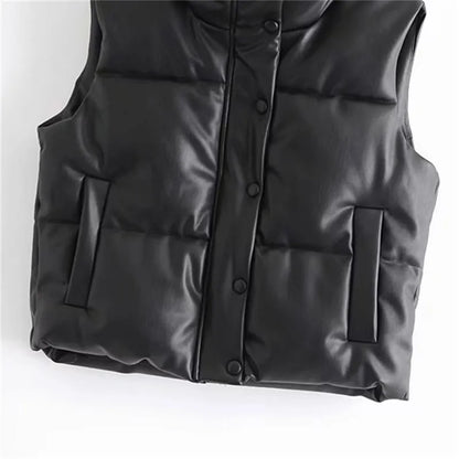 Fashion Streetwear Women Puffy Vest, Winter Thick Parkas Jacket, Black PU Female Coats, Faux Leather Down Waistcoat, Loose Lady Vest, Streetwear Fashion, Winter Outerwear