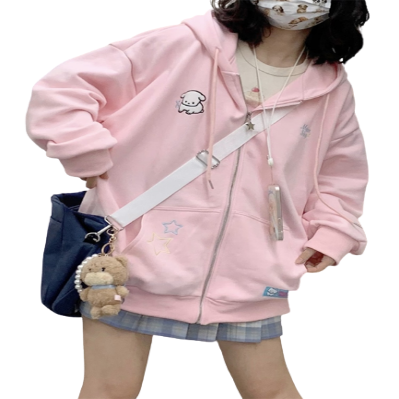 Harajuku Kawaii Pink Zip-Up Hoodie Women Cute Cartoon Beige Oversize Hooded Sweatshirts Korean Fleece Girly Blue Top Sweet